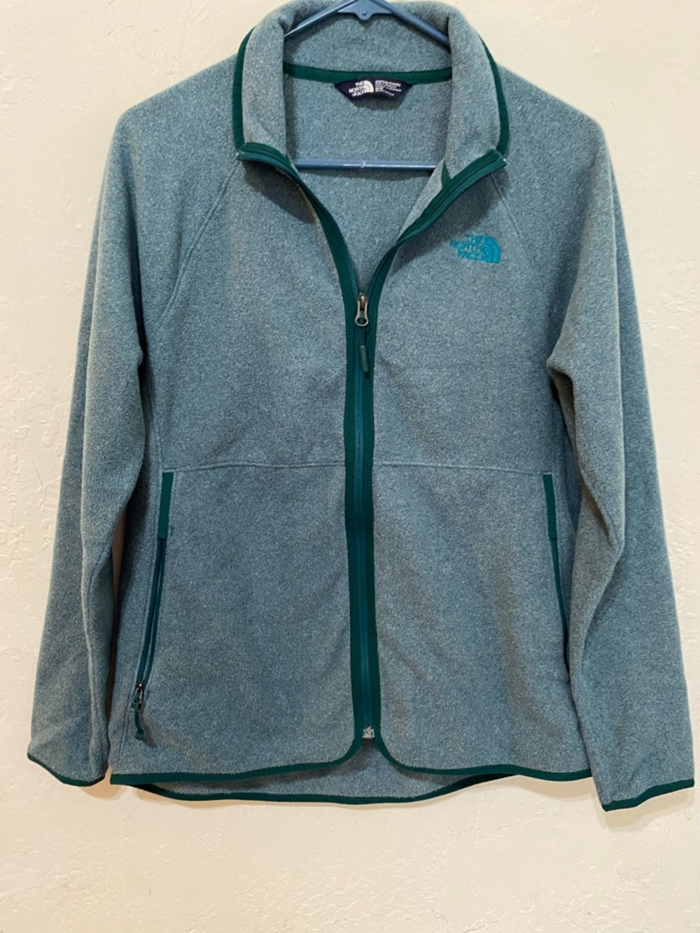 The North Face Heathered Teal Green Fleece Jacket with Dark Green Trim